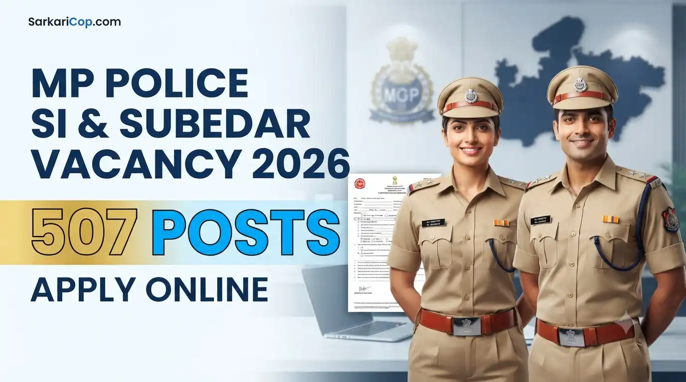 An infographic image featuring a smiling male and female Madhya Pradesh Police Sub-Inspector in uniform, standing in front of a police office background. Bold text on the left announces "MP POLICE SI & SUBEDAR VACANCY 2026" and "507 POSTS APPLY ONLINE".