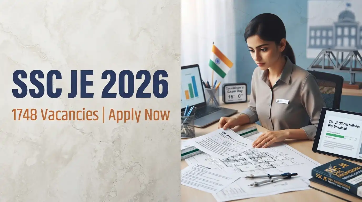 SSC JE 2026 SSC JE 2026 recruitment notification banner showing engineering tools and blueprint representing Junior Engineer vacancy